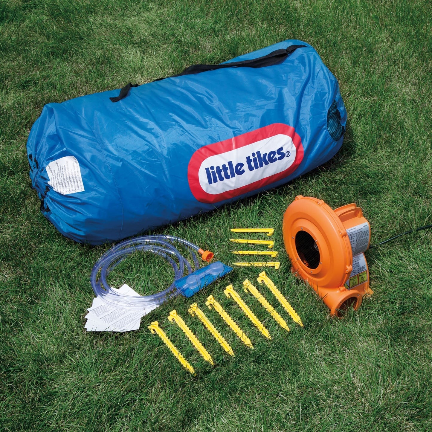 Includes: stakes to anchor bouncer; heavy-duty blower with GFCI plug with stakes; bouncer storage bag and repair ki