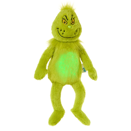 Green plush toy with glowing belly on a white background