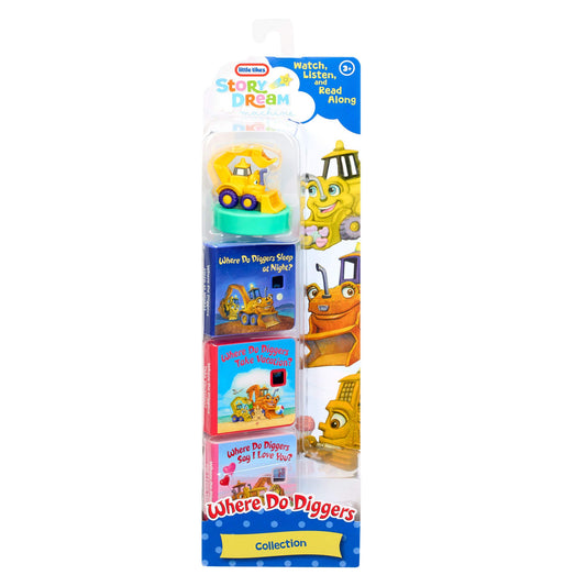 Packaged children's book set with construction vehicle theme on a white background