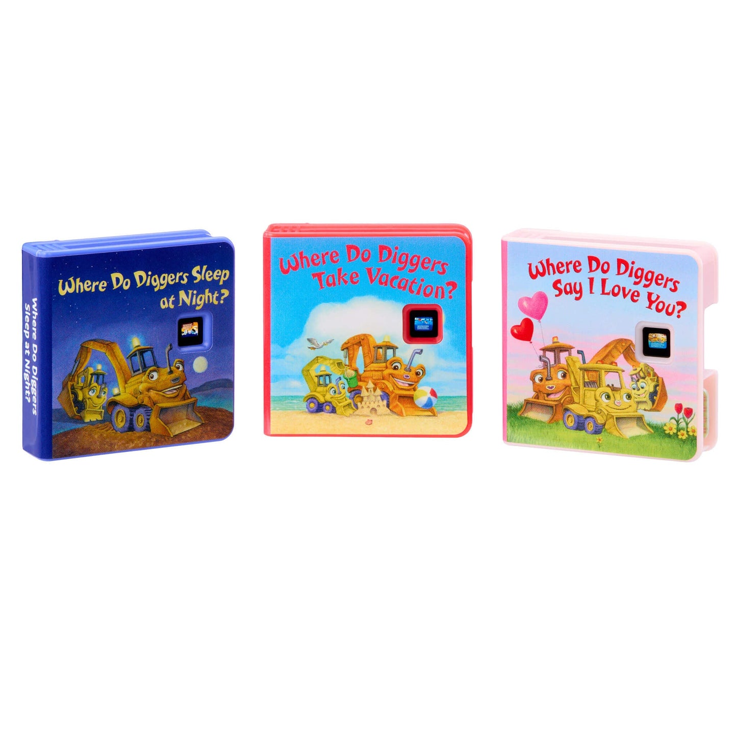 Three children's books about diggers on a white background