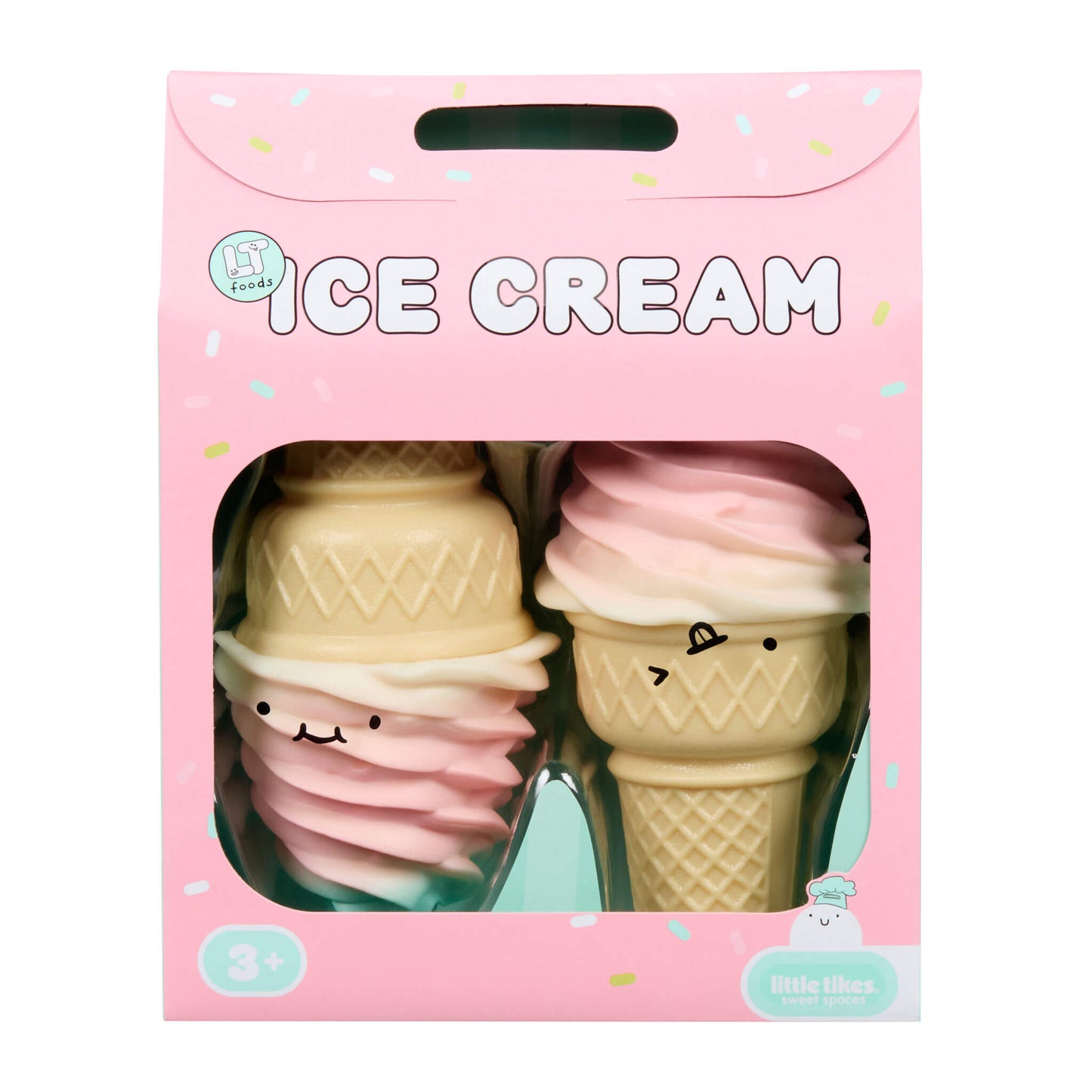Pink packaging of ice cream-shaped toys with a visible brand logo.