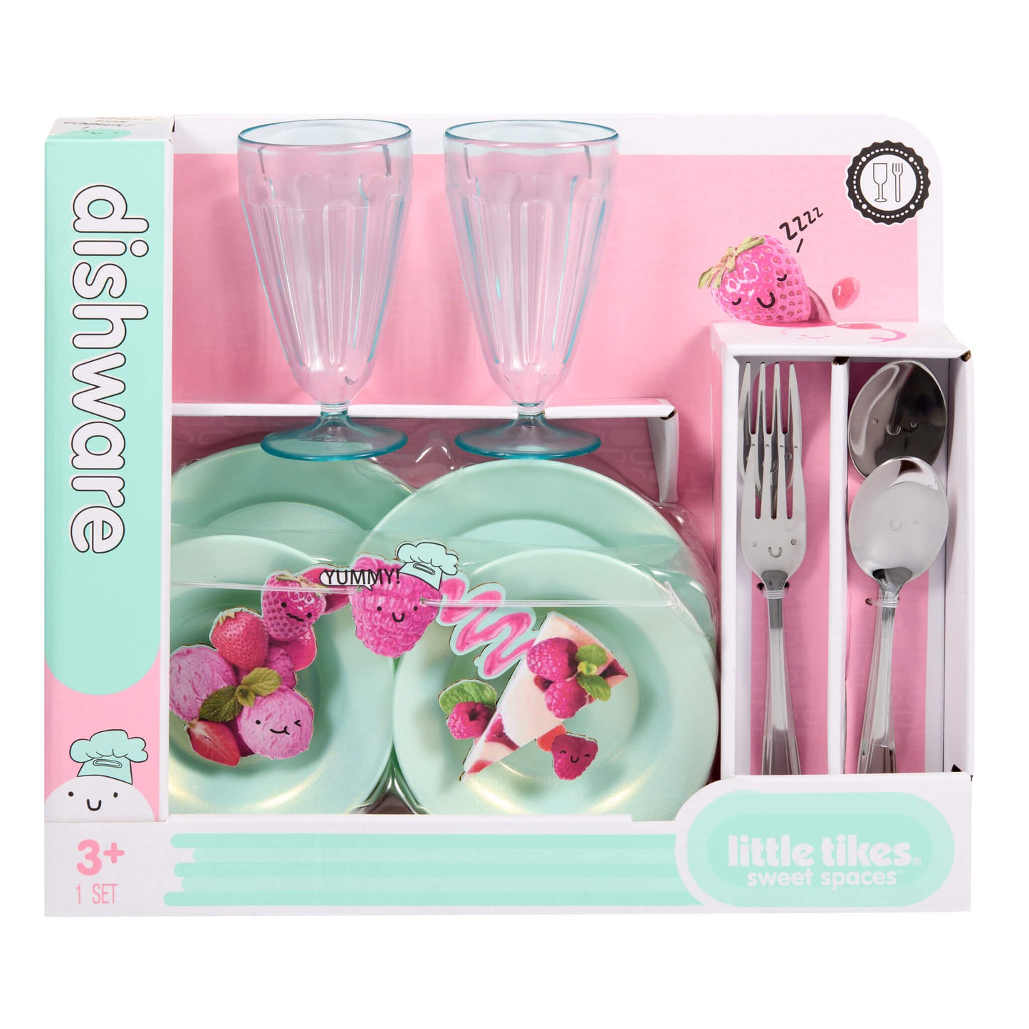 Children's dishware set with plates, glasses, and cutlery in packaging