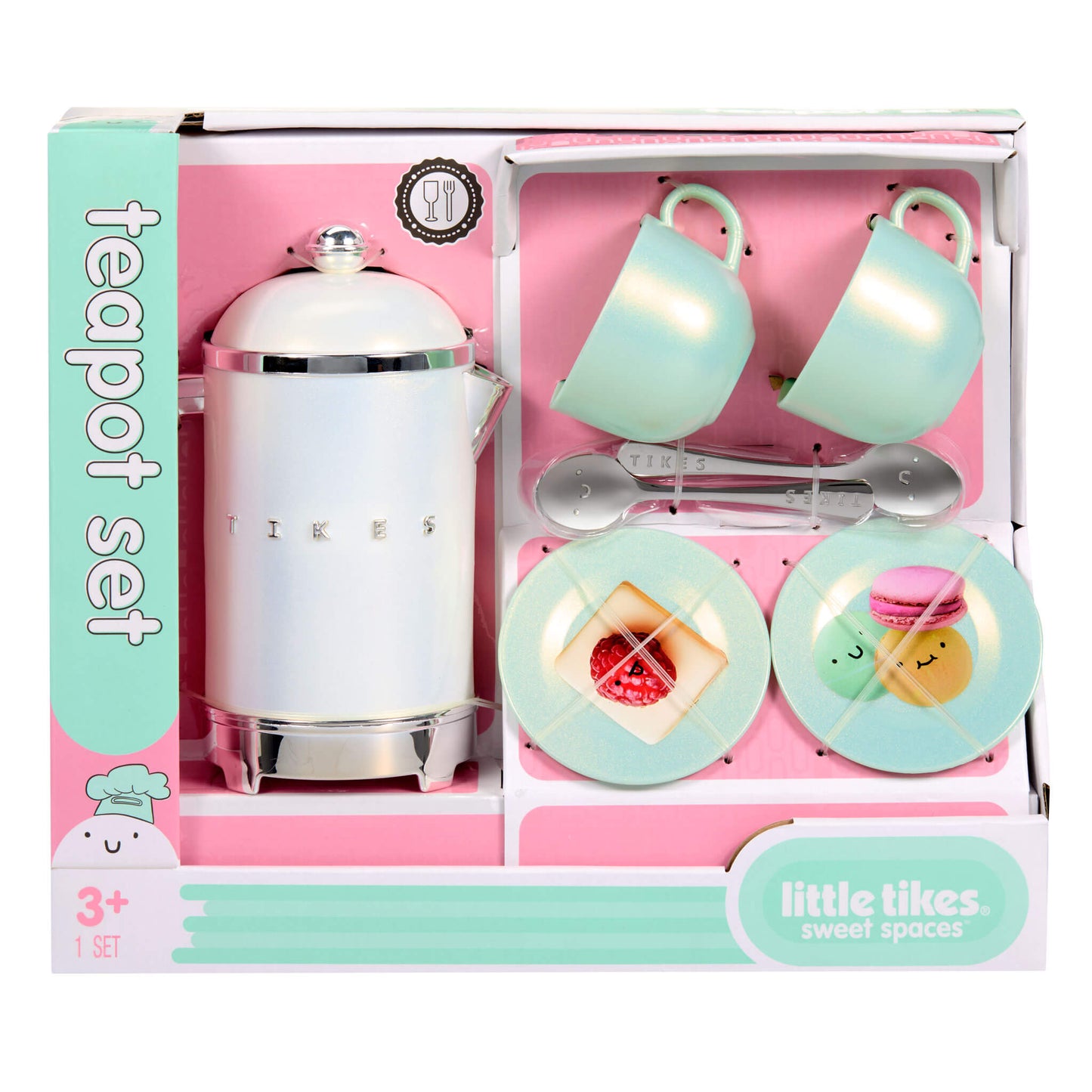 Teapot set with cups, saucers, and spoons in packaging, featuring the Little Tikes brand.