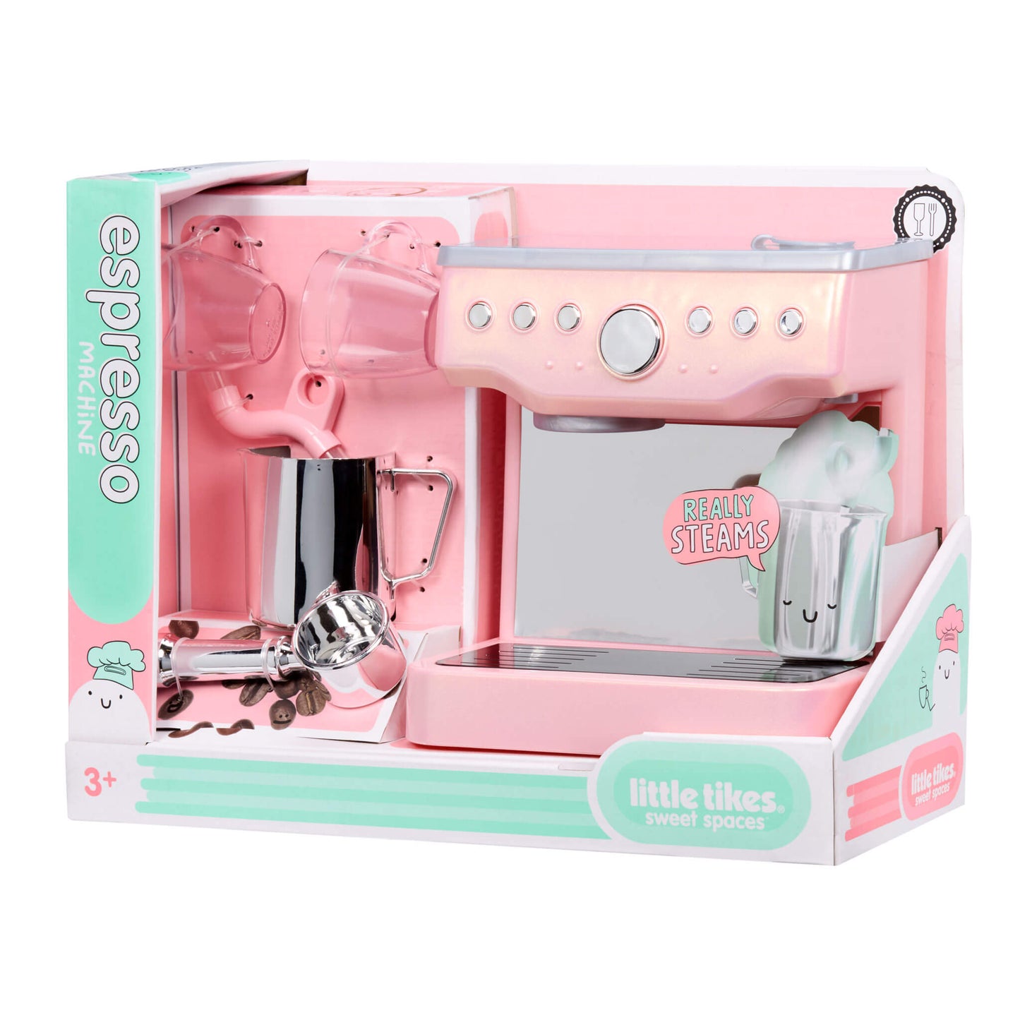 Pink toy espresso machine set in packaging with 'Little Tikes' branding.