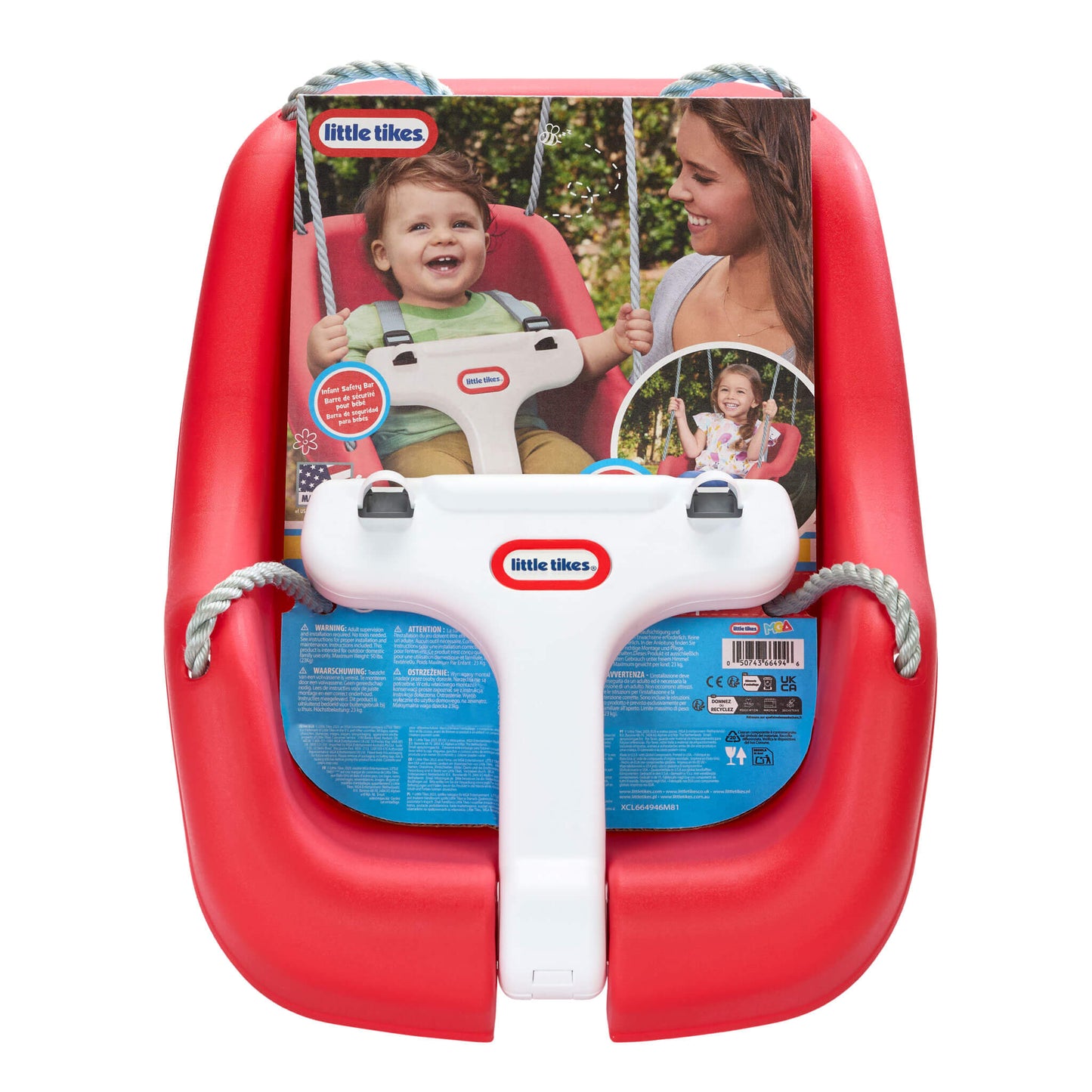 Red baby swing with packaging featuring a child and a woman on a white background