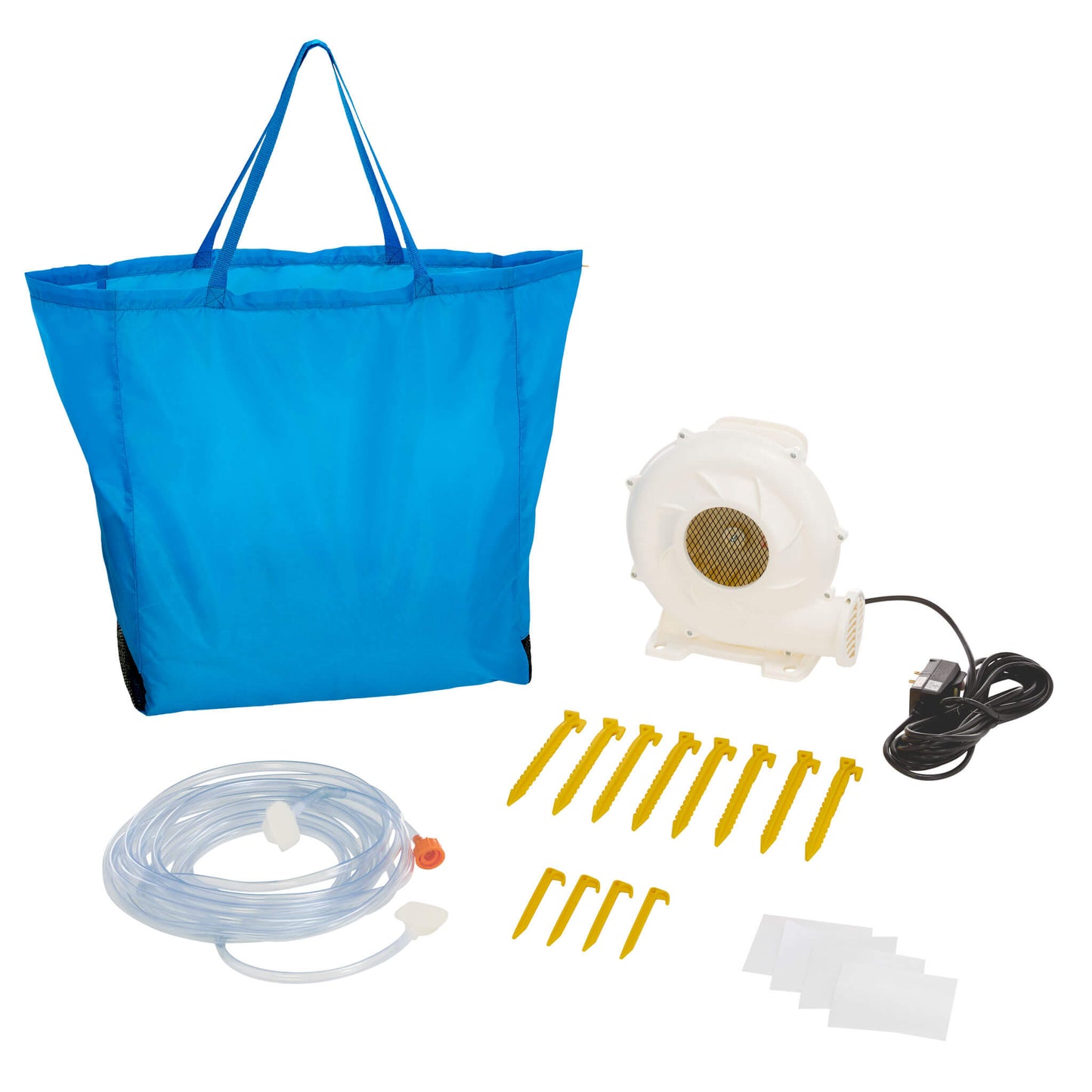 A large blue tote bag, a white air pump with its power cord, a coiled clear tube, ten yellow stakes, and several small white patches on a white background.