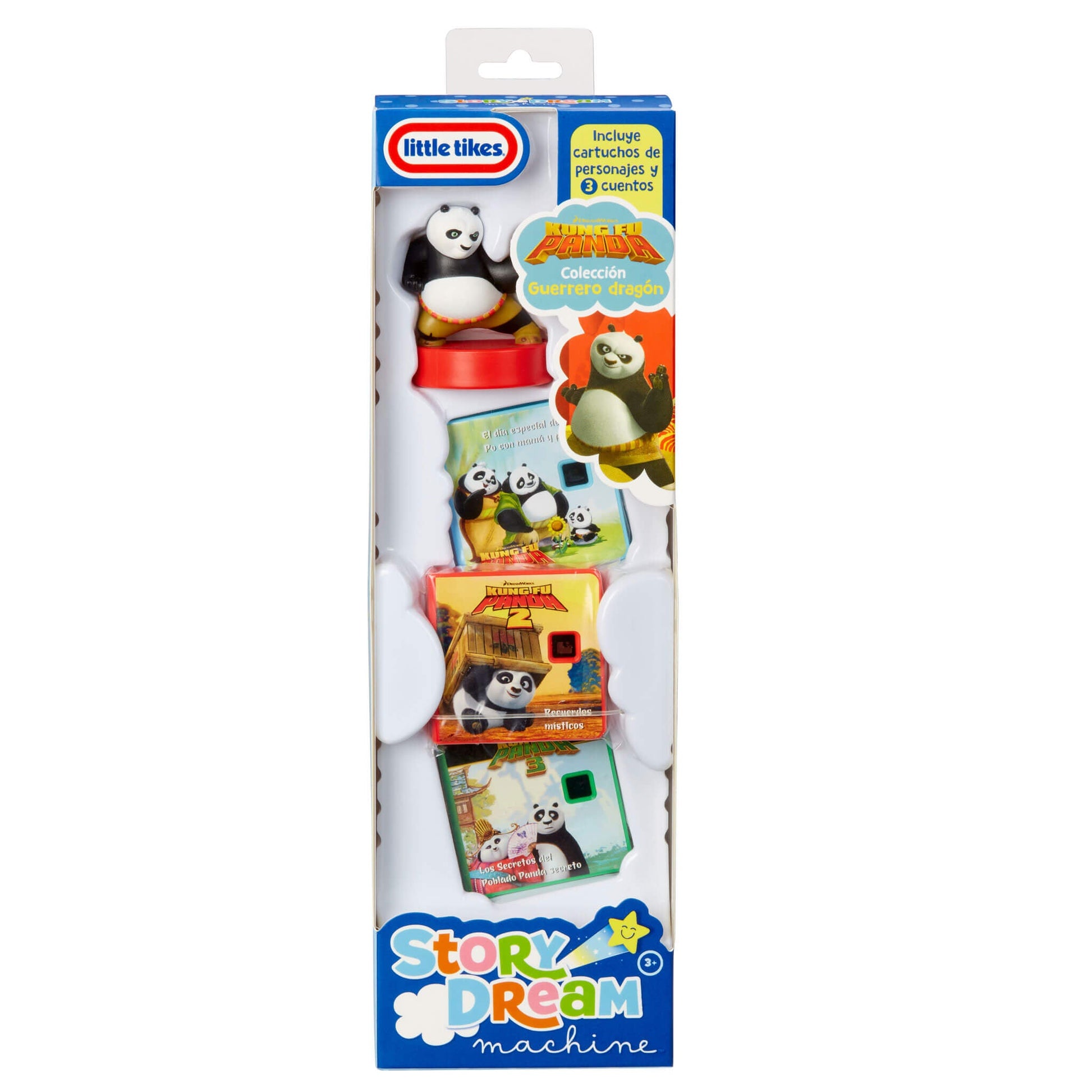 Cuentos de Little Tikes Story Dream Machine en un envase con la imagen de Kung Fu Panda sobre un fondo blanco.