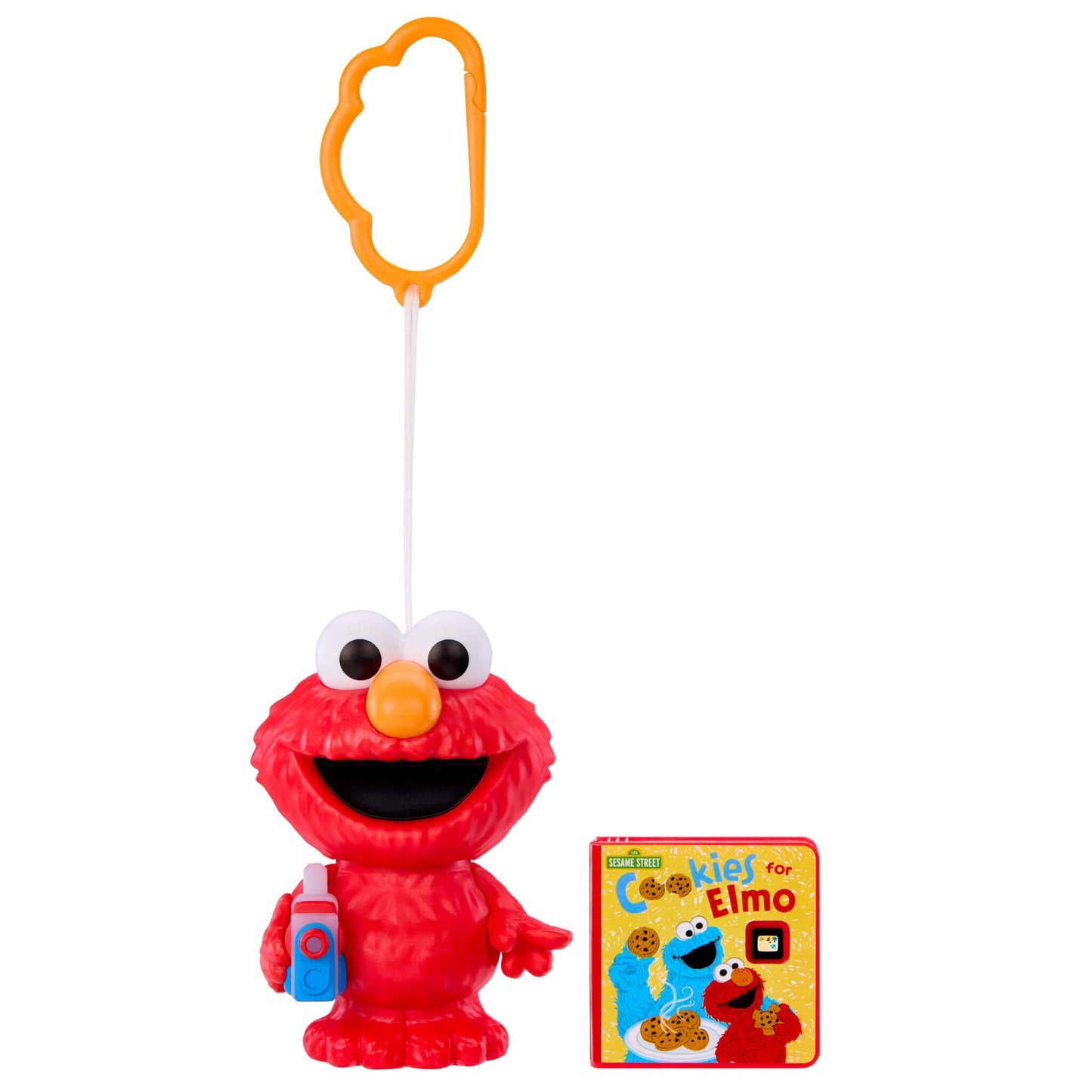 Red Sesame Street character toy with key chain and book titled 'Cookies for Elmo' on a white background