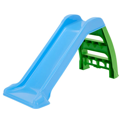 Blue plastic slide with green base on a white background