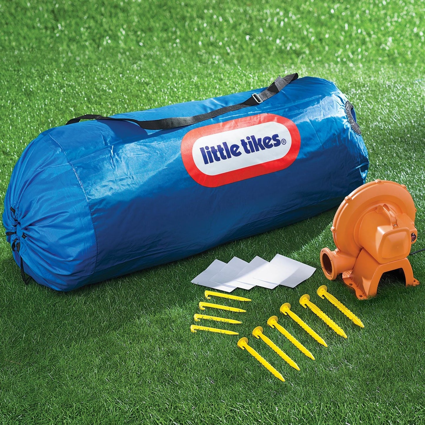 Includes: stakes to anchor bouncer; heavy-duty blower with GFCI plug with stakes; bouncer storage bag and repair ki