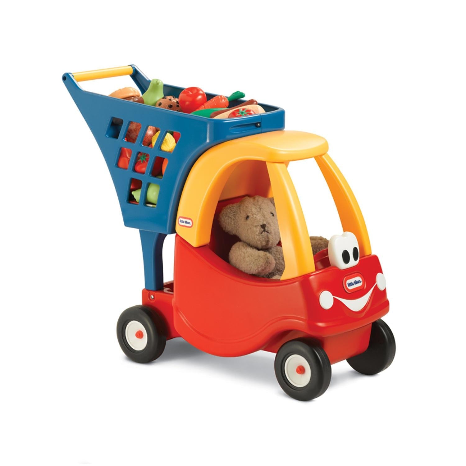 Teddy bear sitting in shopping cart