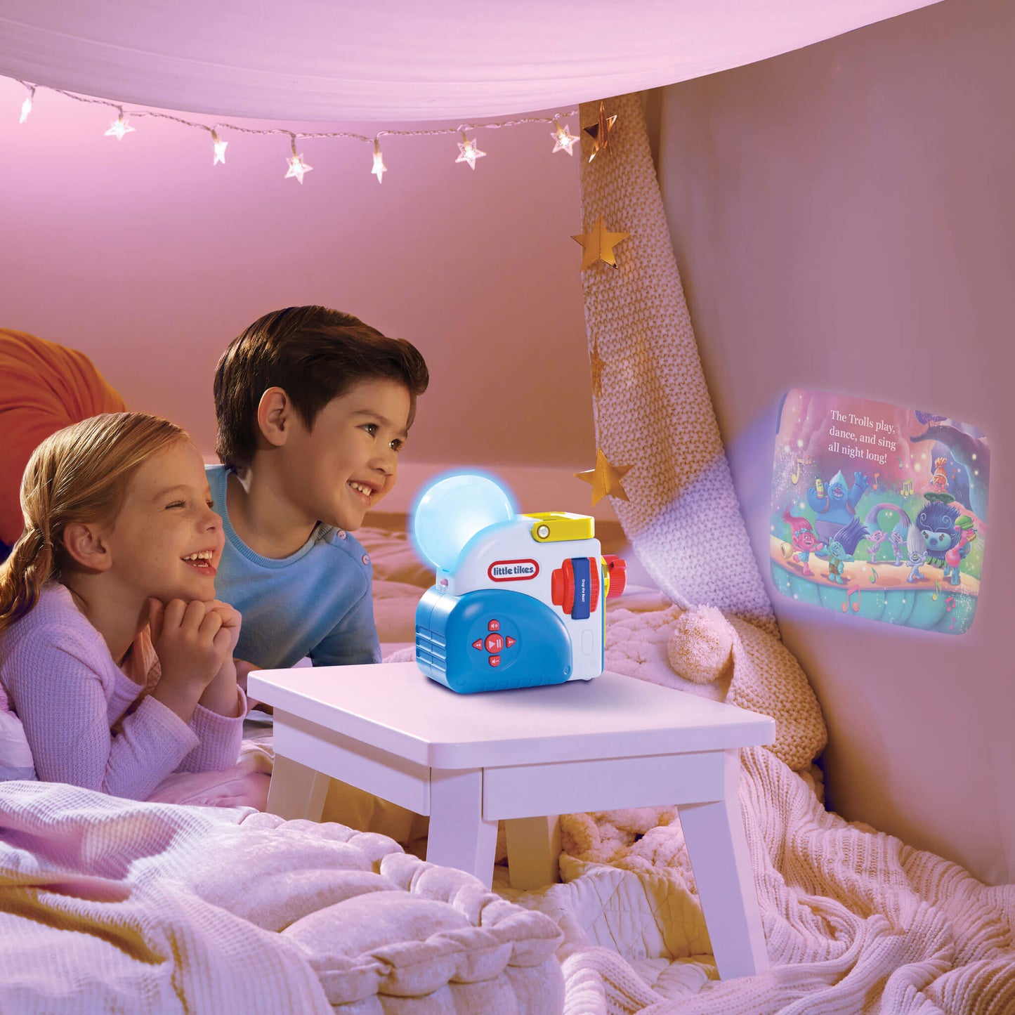kids watching Troll story on the wall