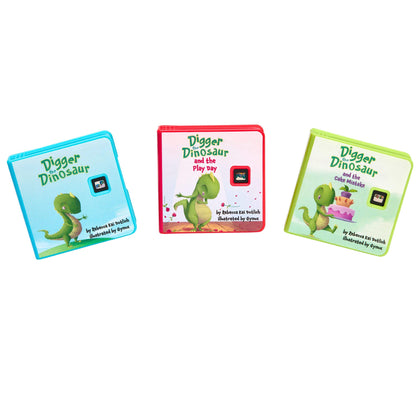 Three children's stories titled 'Digger Dinosaur