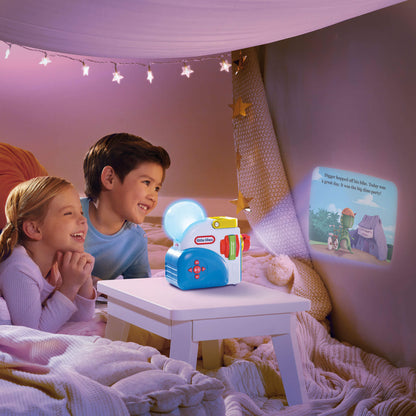 Children in a cozy room watching show on the wall.