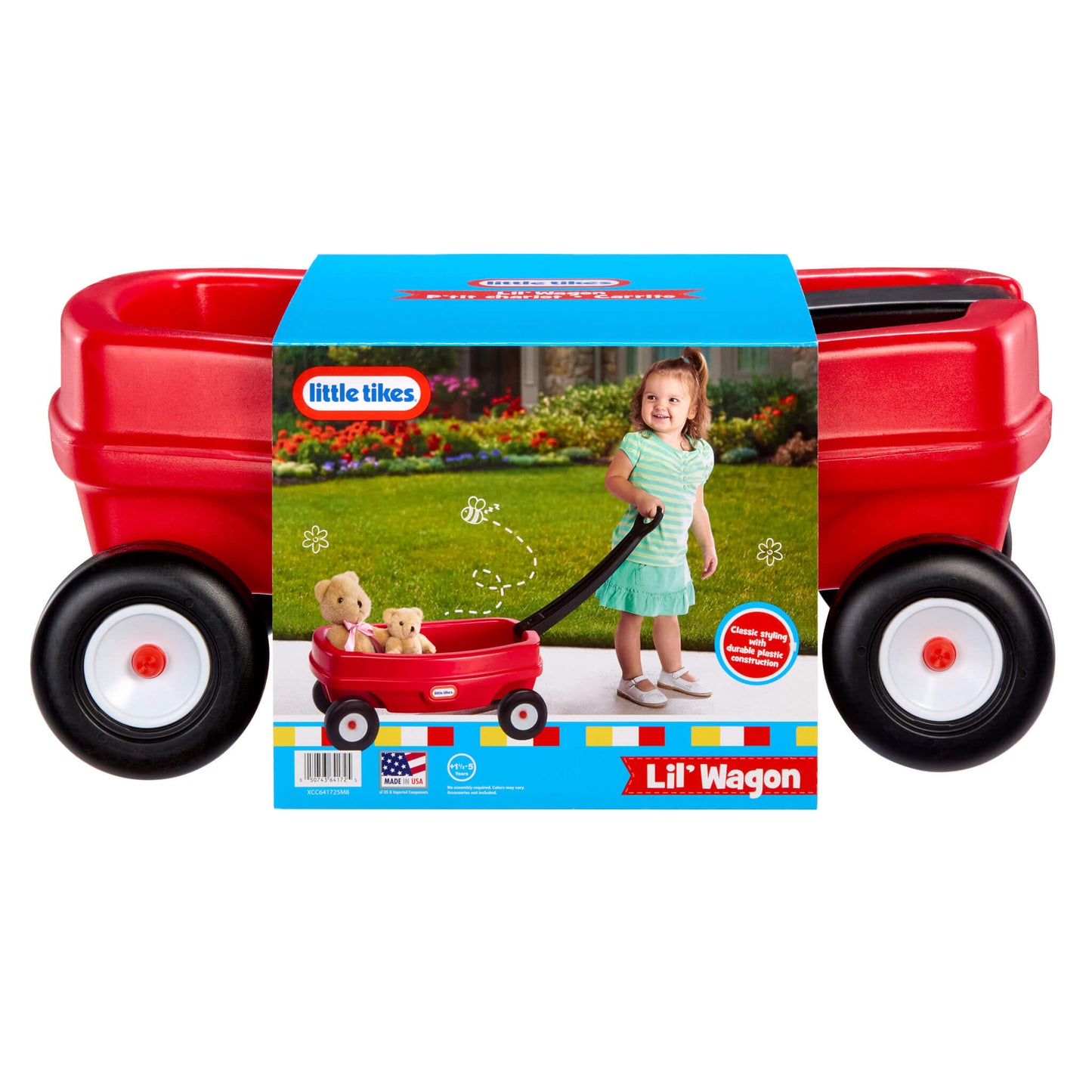 Lil' red toy wagon with packaging featuring a child and teddy bears on a white background