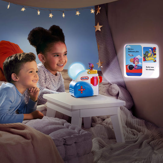 Children sitting in a cozy room with a Little Tikes toy and night light.
