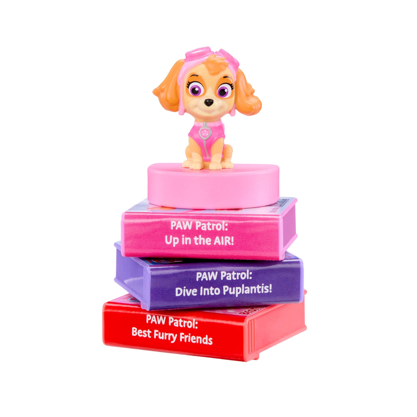 Paw Patrol toy figure on top of colorful books with text on a white background