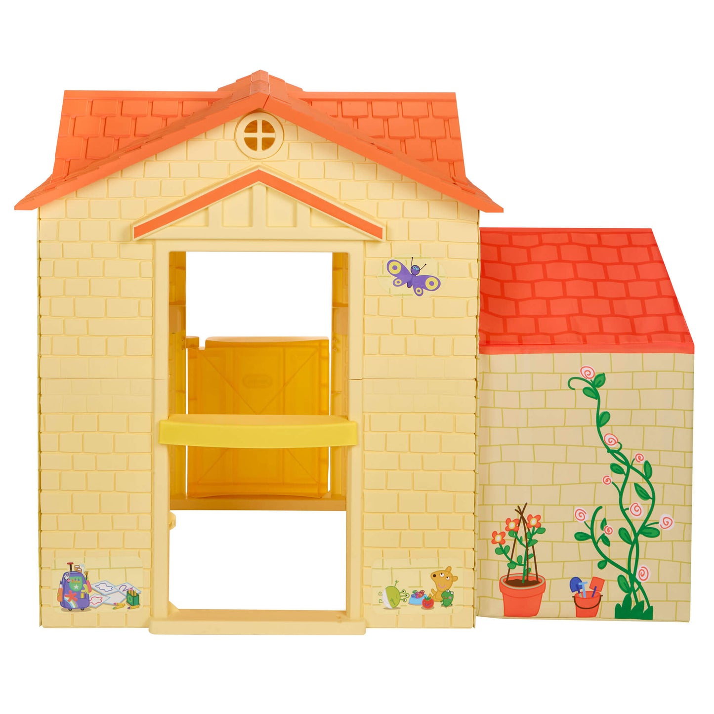 Children's toy house roof and yellow walls on a white background