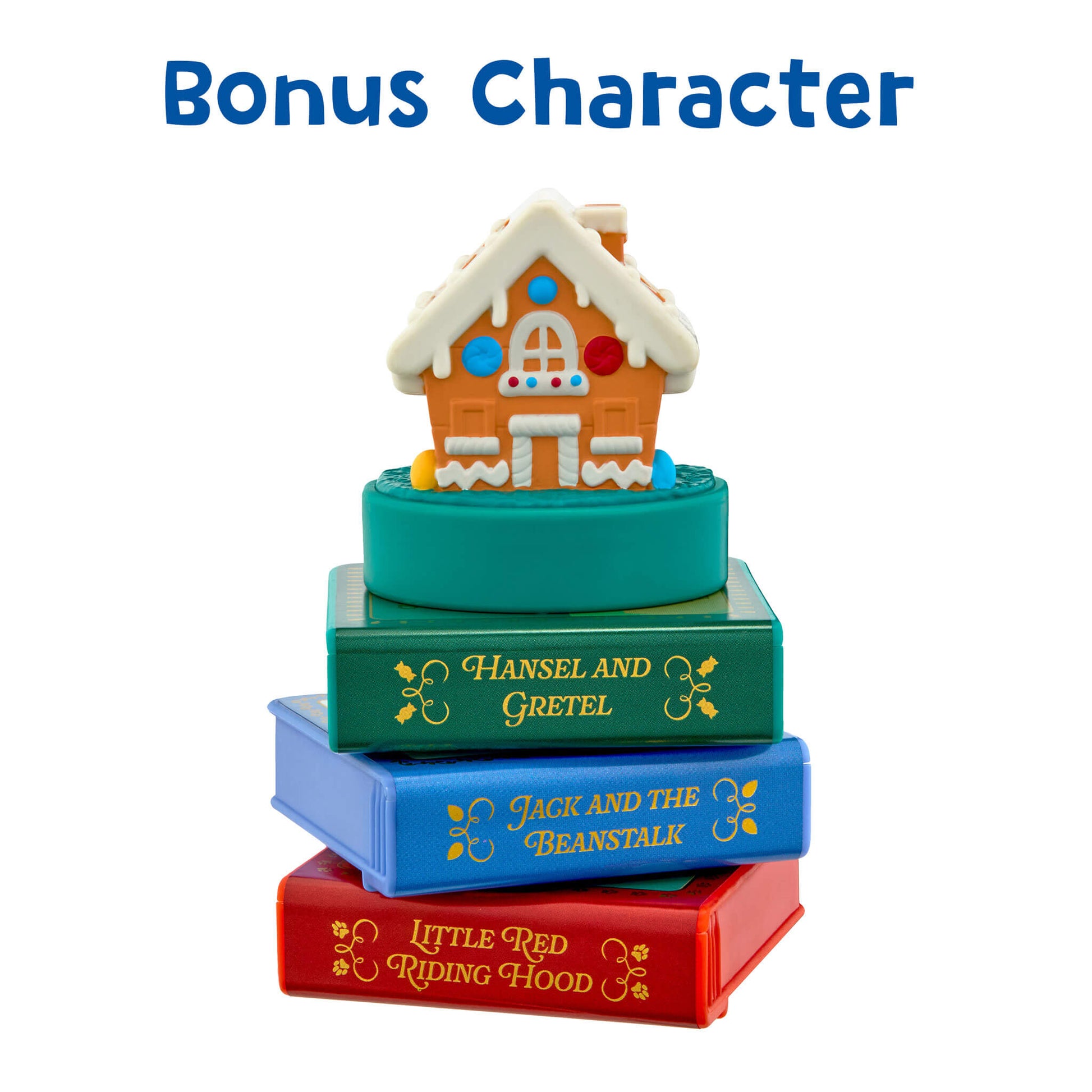 Stack of books with a gingerbread house on top, titled 'Hansel and Gretel', 'Jack and the Beanstalk', and 'Little Red Riding Hood'.