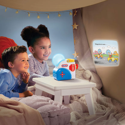 Children sitting in a cozy room with a Little Tikes toy and a screen displaying cartoon content.