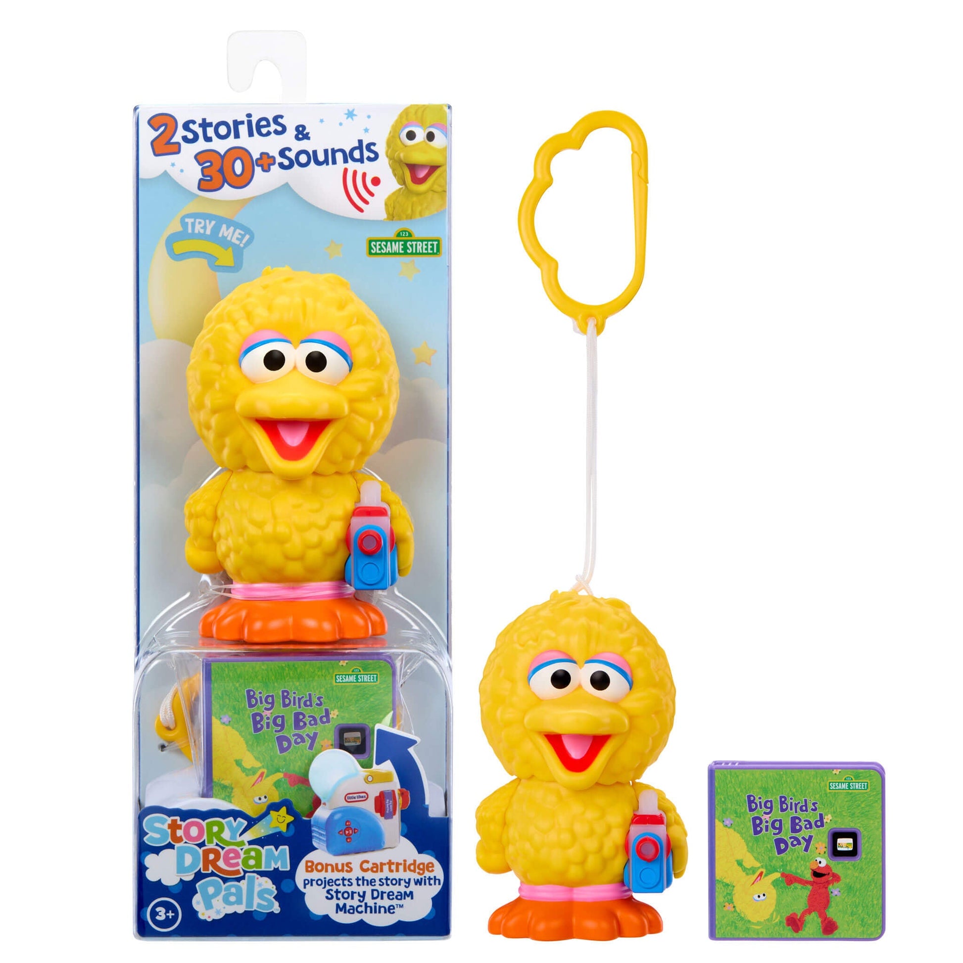 Big Bird toy character with a book next to its packaging on a white background