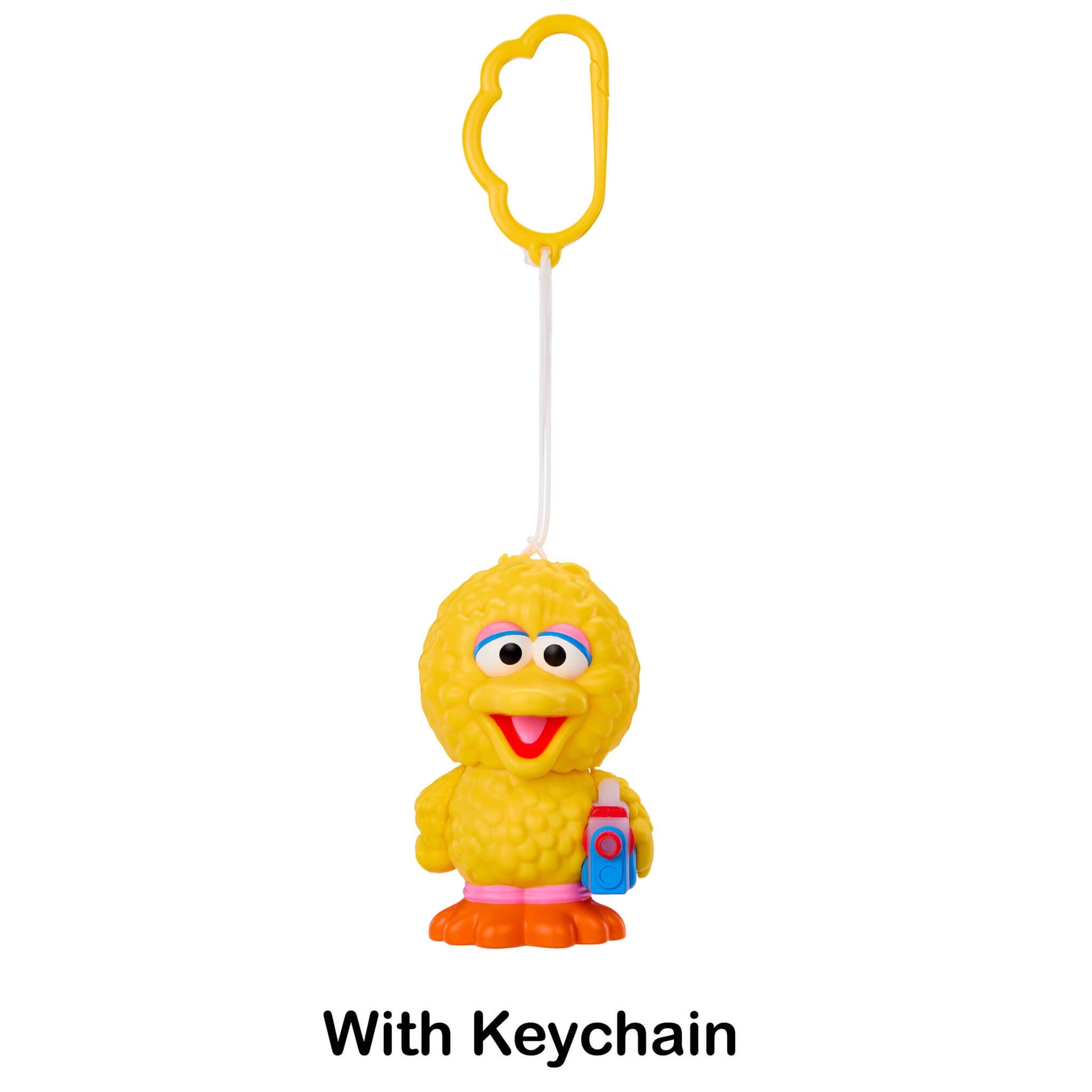 Yellow character keychain with a cloud-shaped clip on a white background