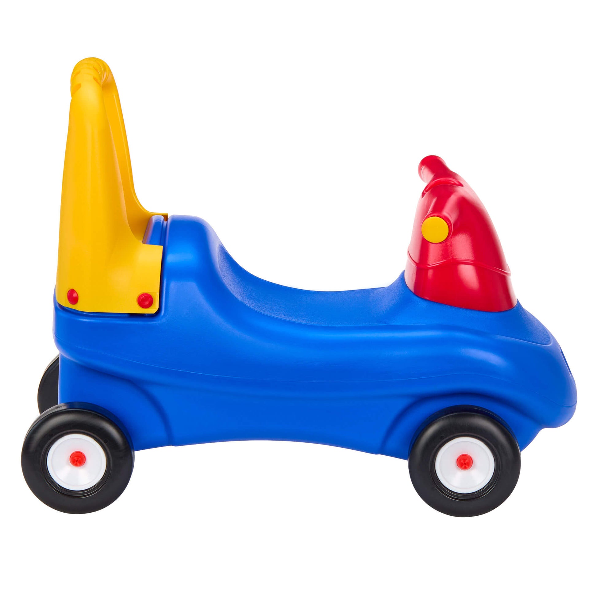Colorful toy car with a blue body, yellow push handle and red front on a white background