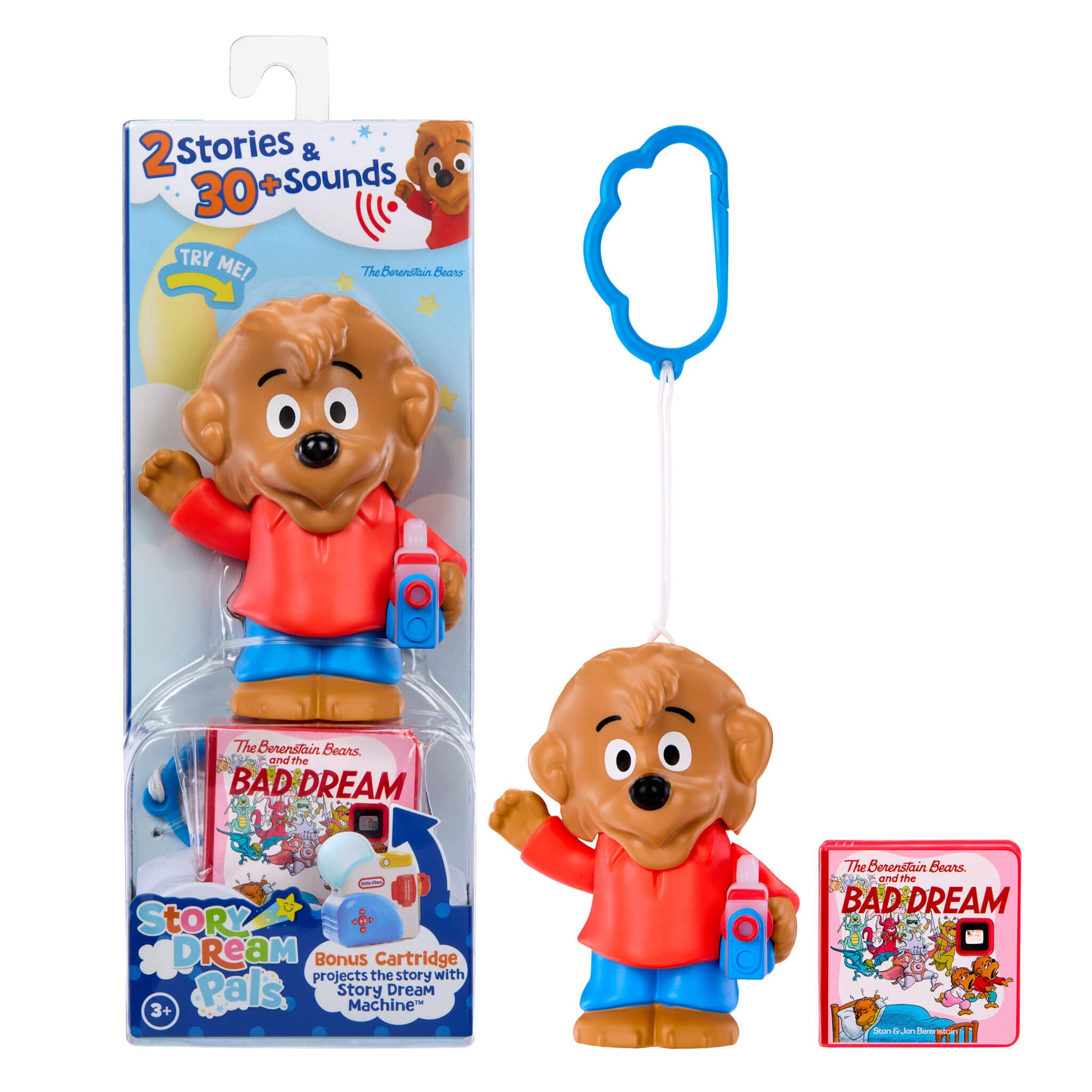 Toy bear with packaging and 'Bad Dream' book on a white background