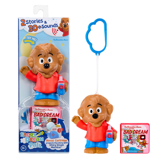 Toy bear with packaging and 'Bad Dream' book on a white background