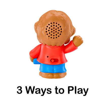 Toy figure with a speaker on its head, wearing a red shirt and blue pants, on a white background with '3 Ways to Play' text.