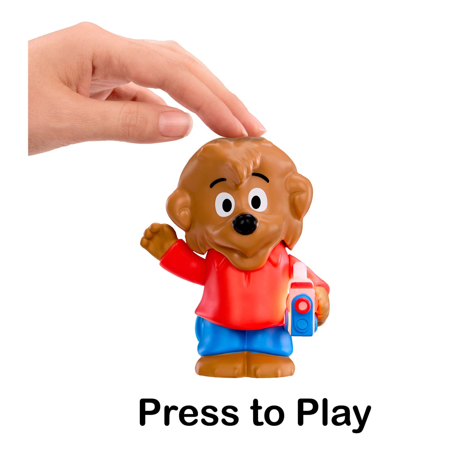 Toy figure of a bear with a hand pressing a button labeled 'Press to Play' on a white background