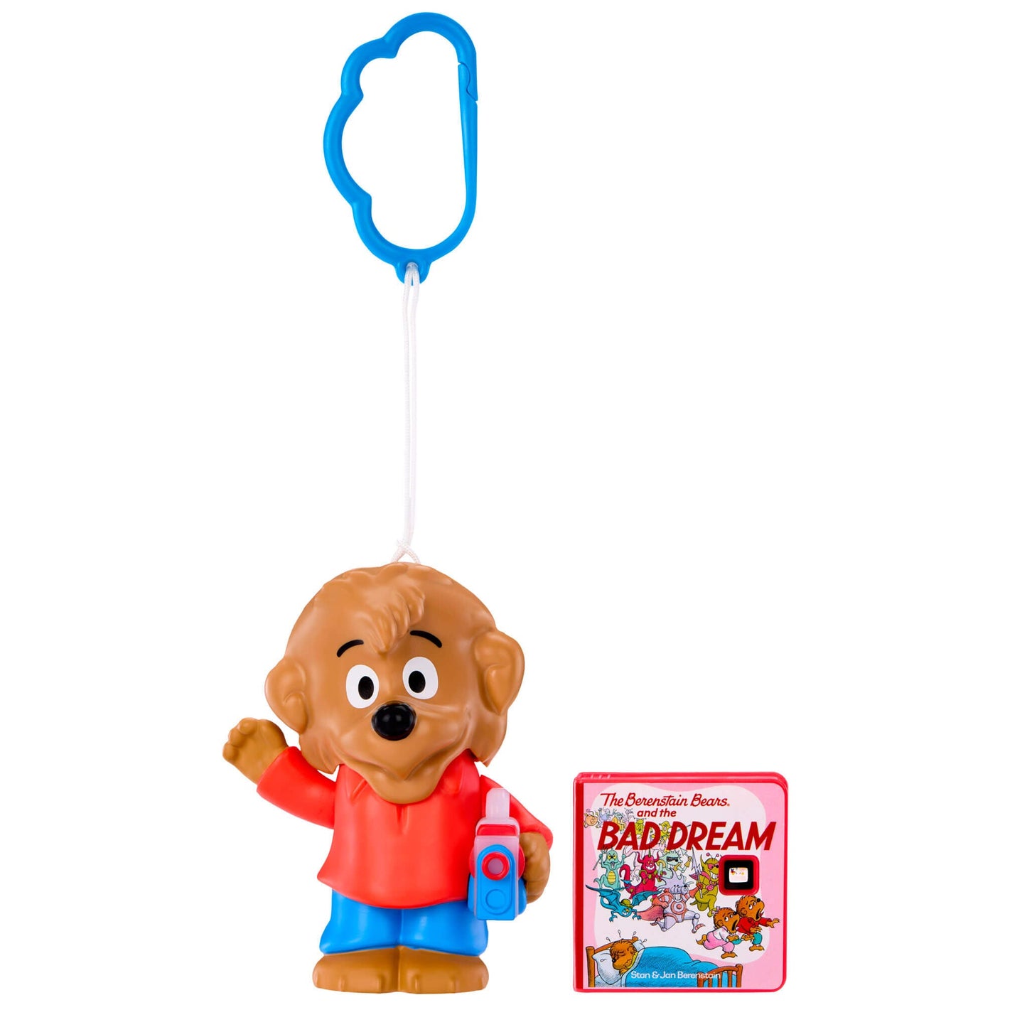 Toy figure of a bear character with a blue keychain and a book titled 'The Berenstain Bears and the Bad Dream' on a white background.