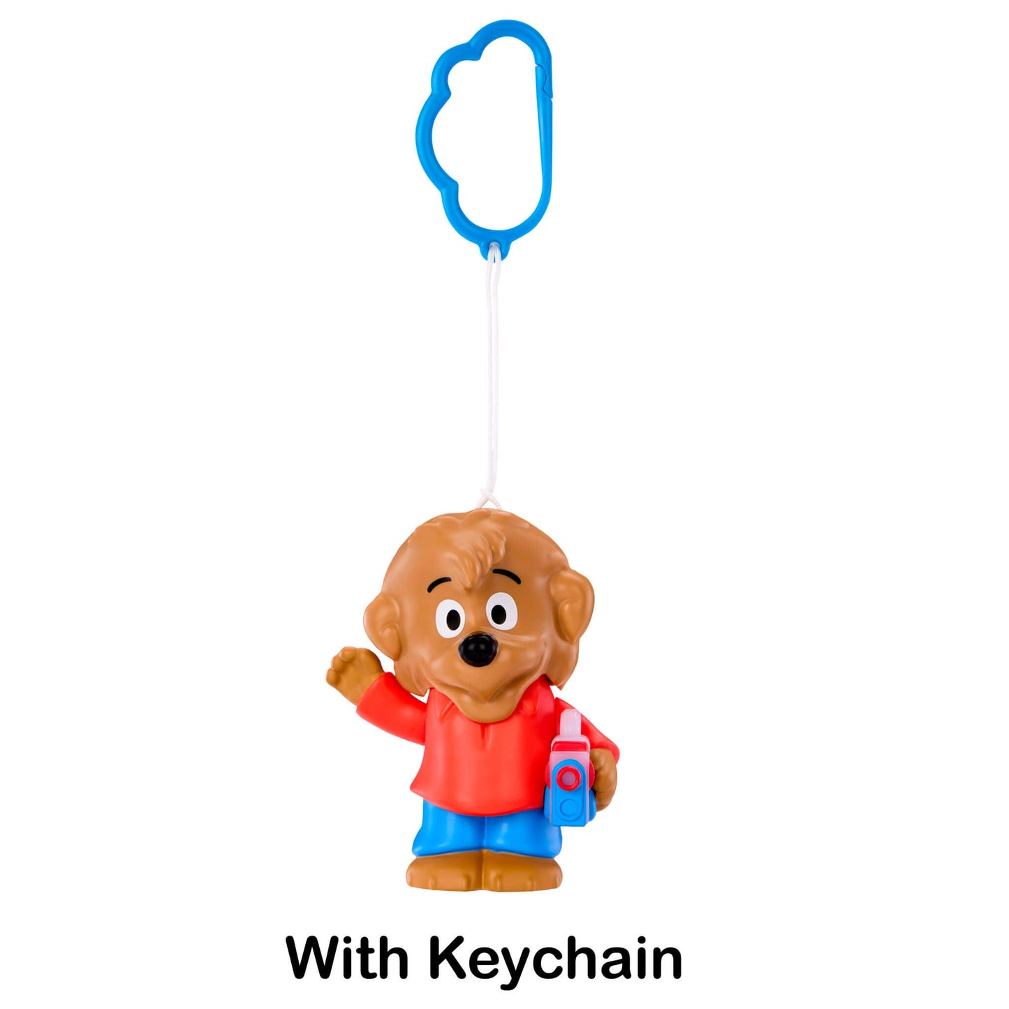 Toy figure of a character with a blue keychain on a white background