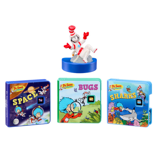 Set of Dr. Seuss-themed toy and books on a white background