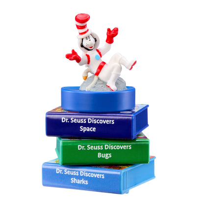 Figurine of a character from Dr. Seuss books on top of stacked books with titles.