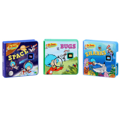 Three Dr. Seuss books for 'Space', 'Bugs', and 'Sharks' on a white background.