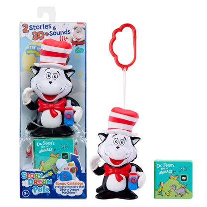 Toy figure of a cat in a hat with packaging and storybook attached, on a white background