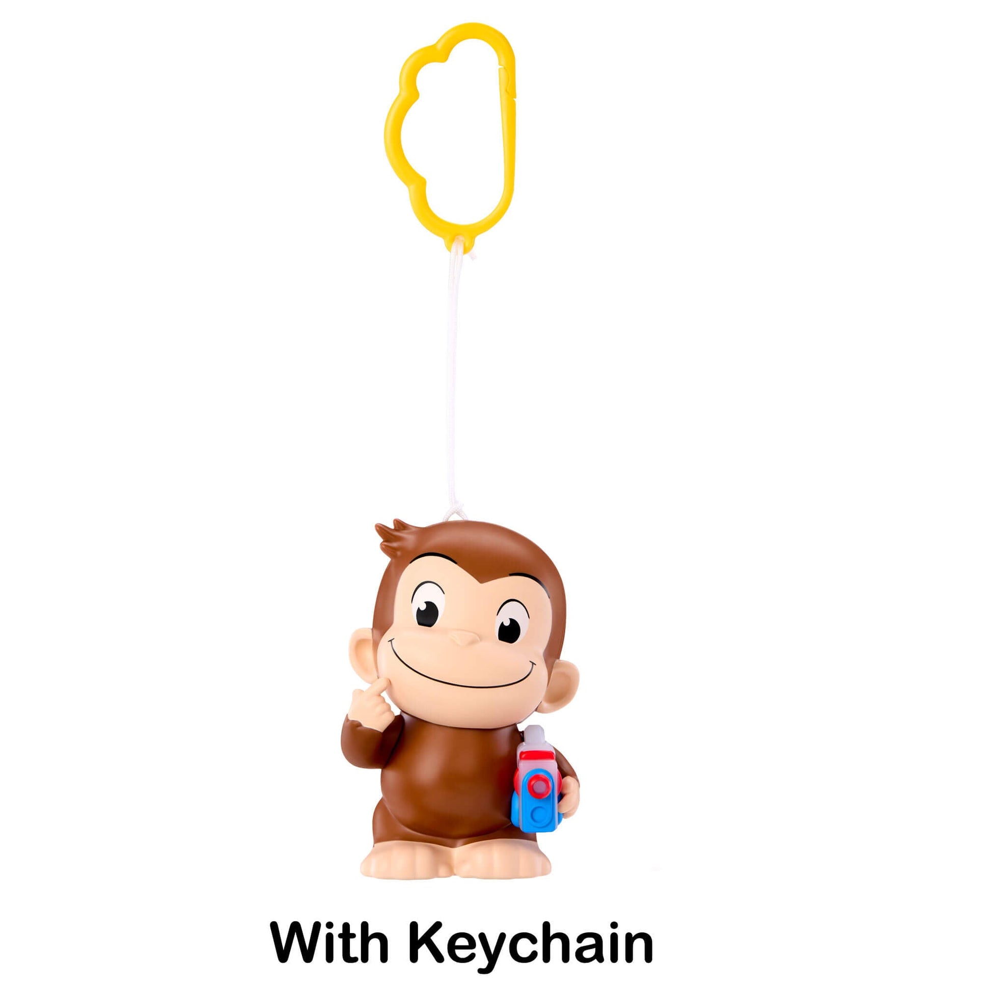 Curious George keychain toy with a brown monkey figure, attached to a yellow cloud-shaped keychain on a white background, with the text 'With Keychain' below.