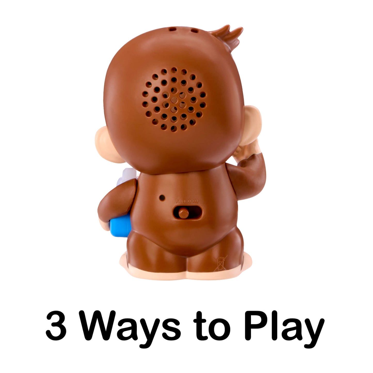 A brown monkey-shaped toy shown from the back on a white background, with text below reading '3 Ways to Play.' The toy has speaker holes on the back, suggests it may be a sound or learning toy.