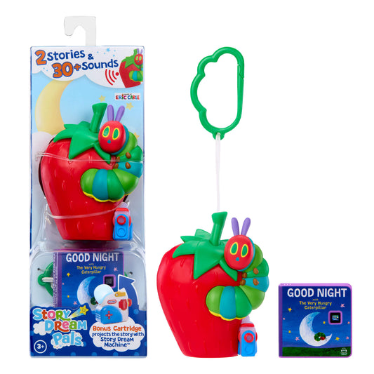 Toy strawberry with caterpillar character and 'Good Night' book packaging on a white background