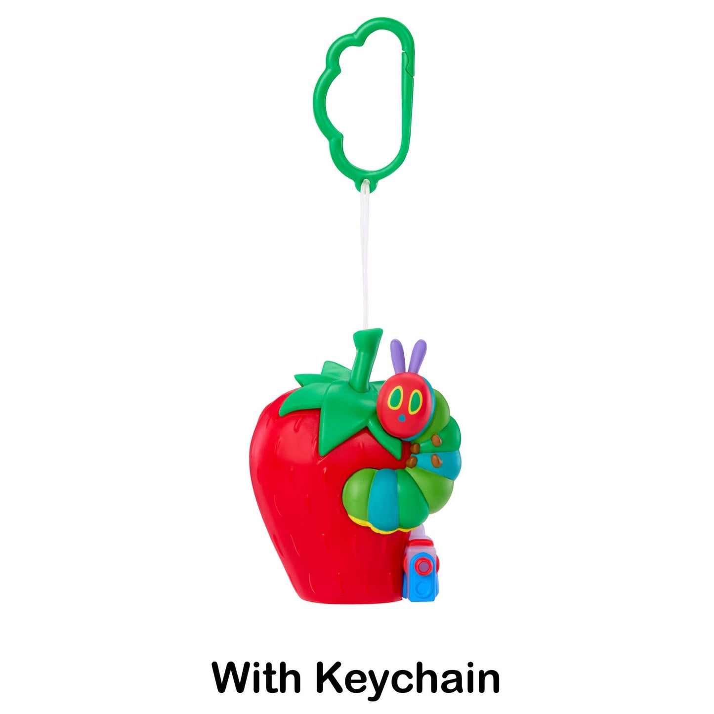 Strawberry-shaped keychain with a green caterpillar design on a white background