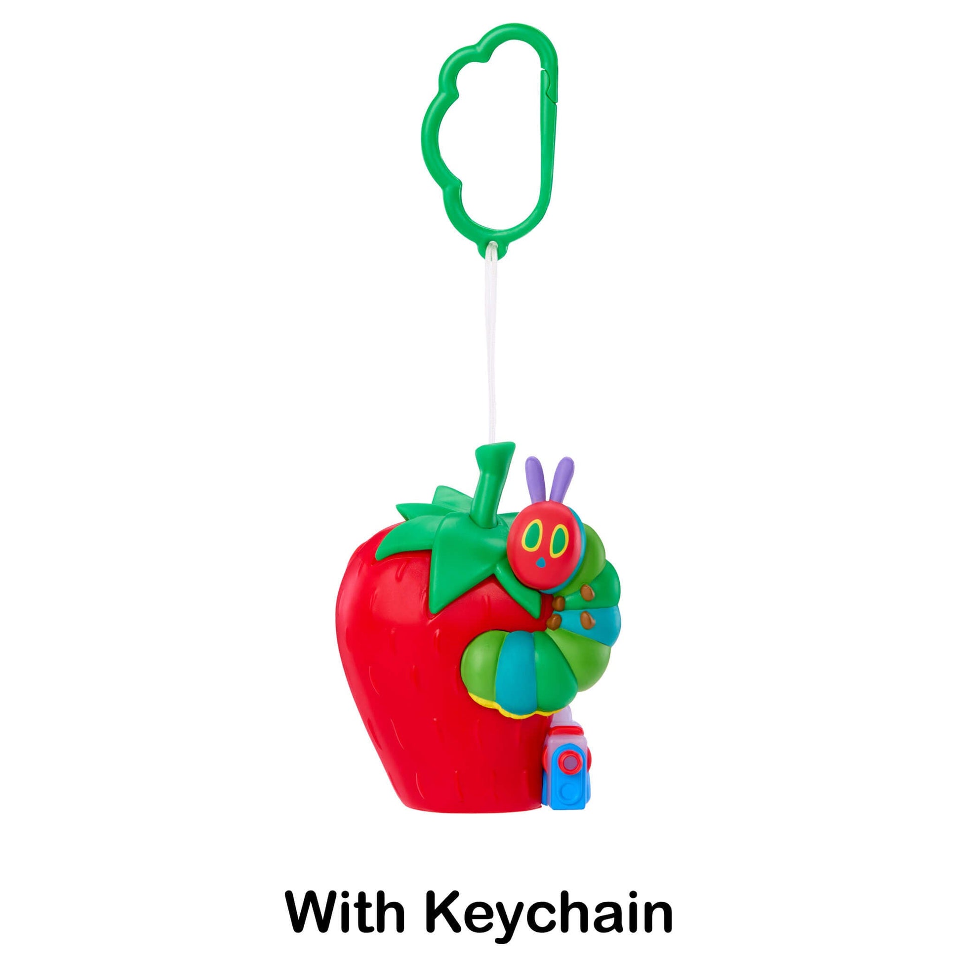 Strawberry-shaped keychain with a green caterpillar design on a white background