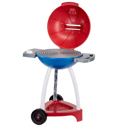 Red and blue toy grill with lid open on a white background
