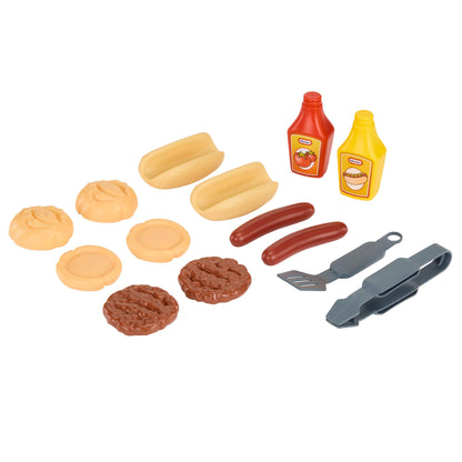 Playset of hot dogs, hamburgers, buns, ketchup, mustard, and tongs on a white background