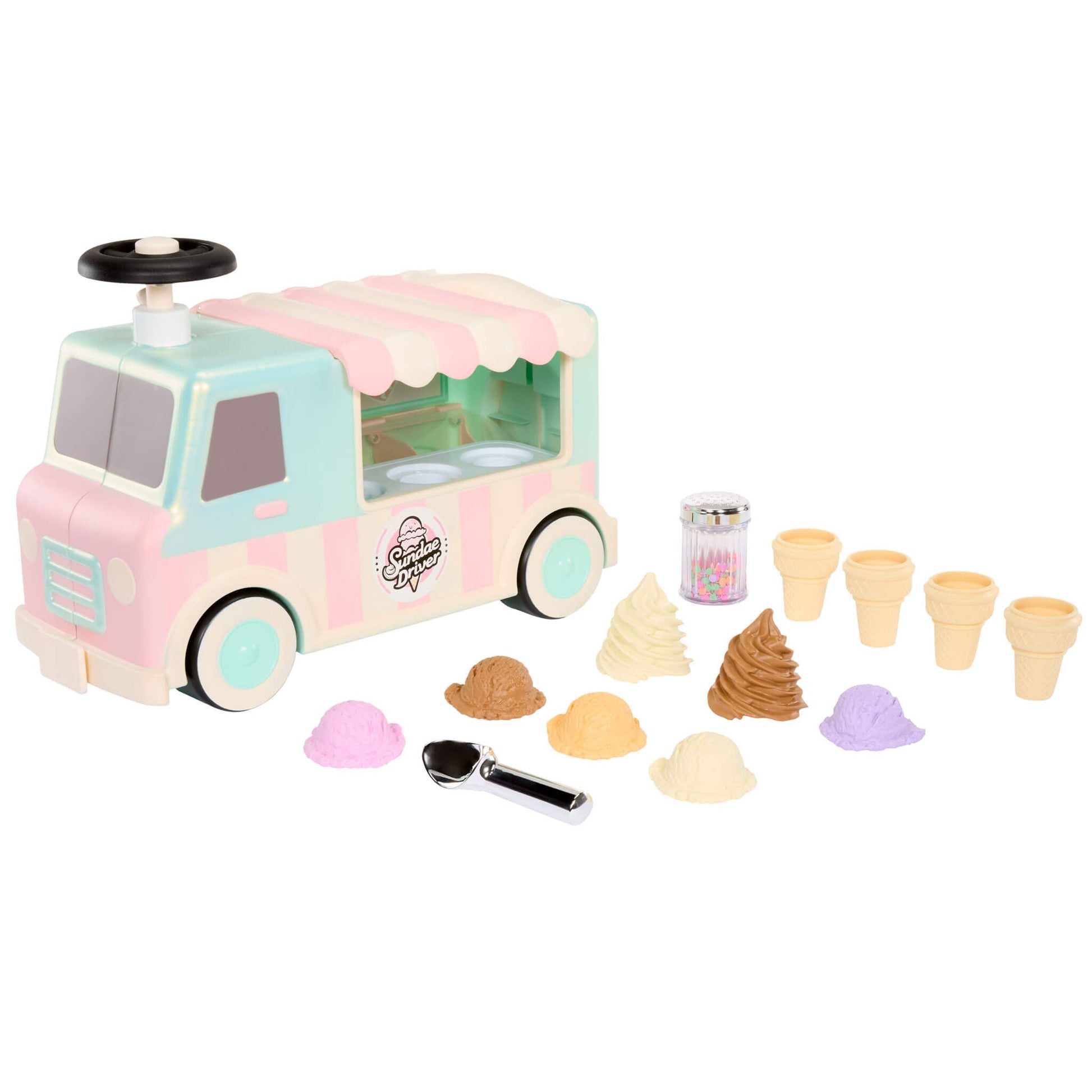 Toy ice cream truck with accessories on a white background