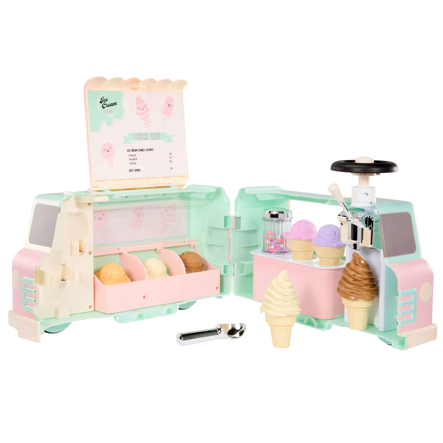 Toy ice cream truck set with pastel colors on a white background