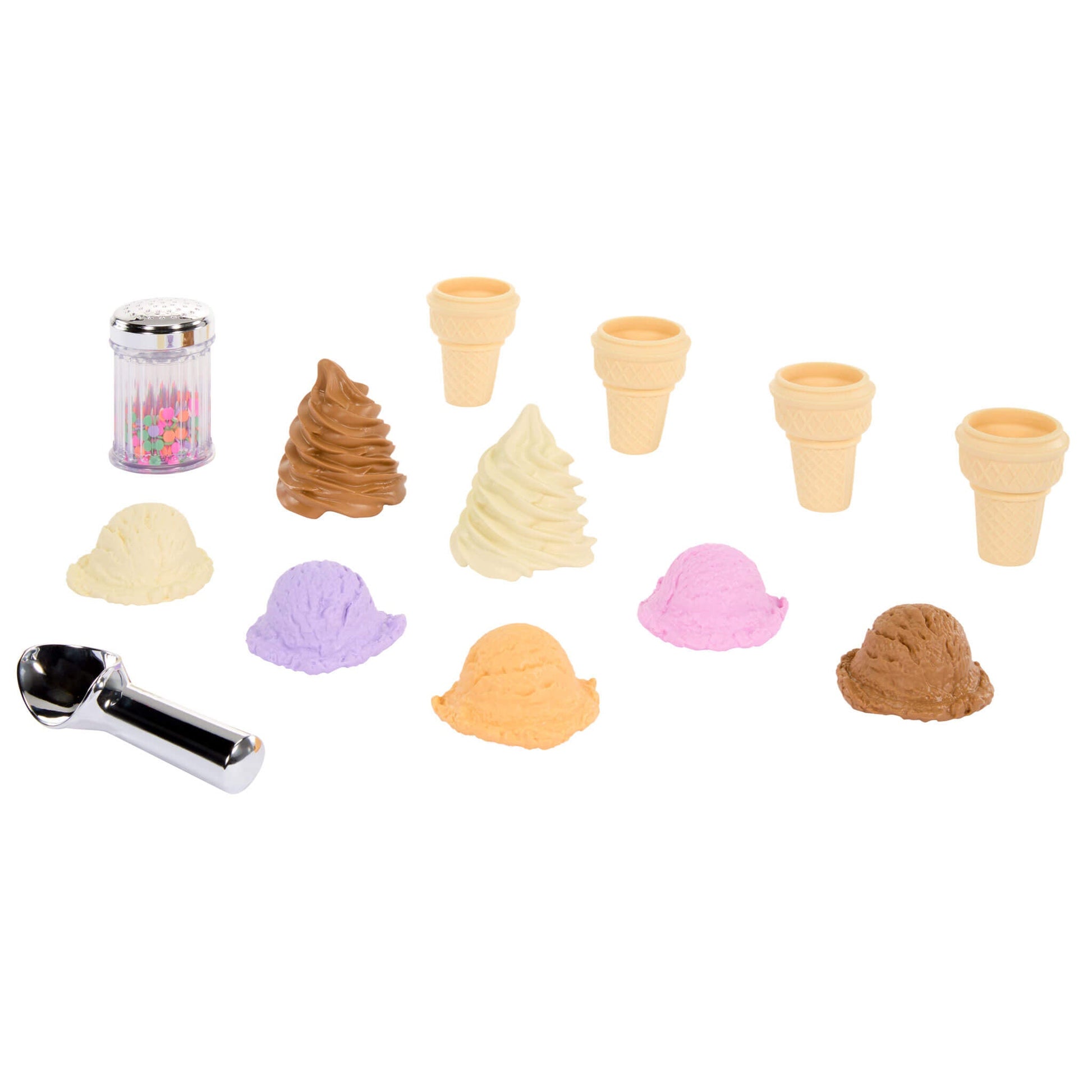 Set of ice cream cones and scoops of ice cream, sprinkles and a ice cream scooper on a white background