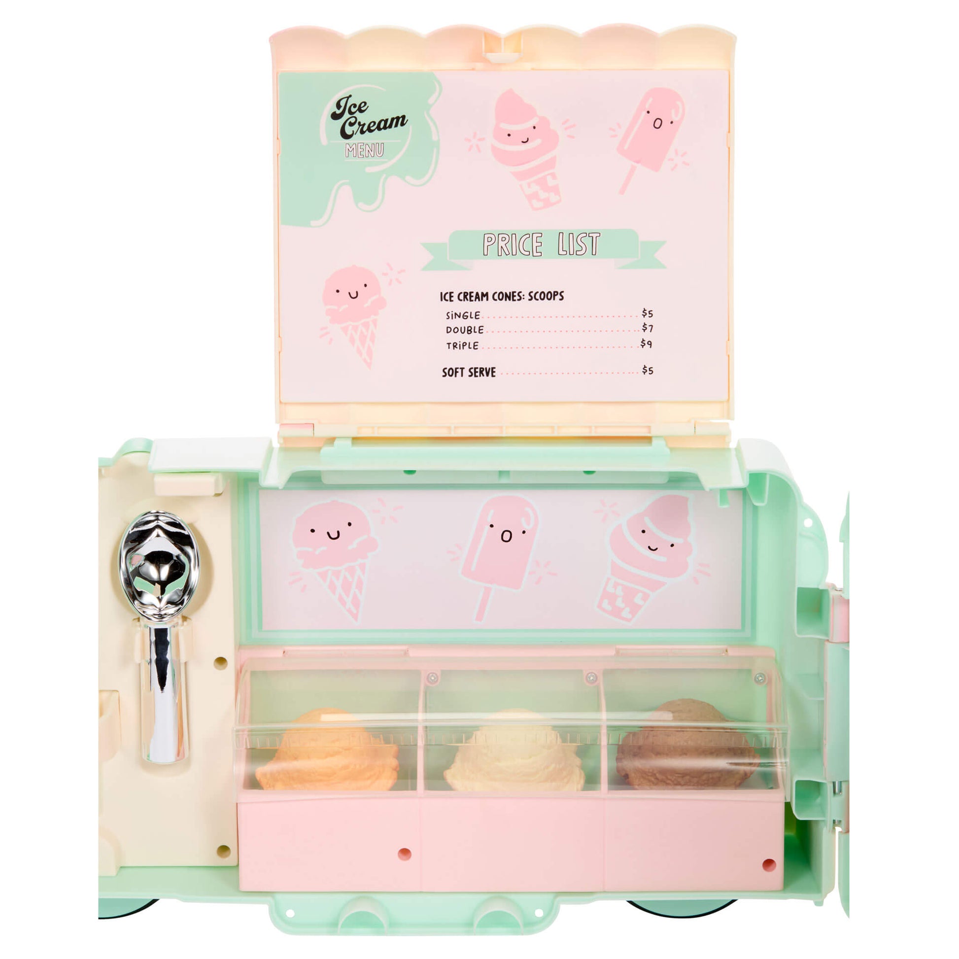 A pastel-colored toy ice cream truck playset with a mint green and pink body, featuring a fold-out menu board, three compartments holding toy ice cream cones, and a silver spoon accessory.