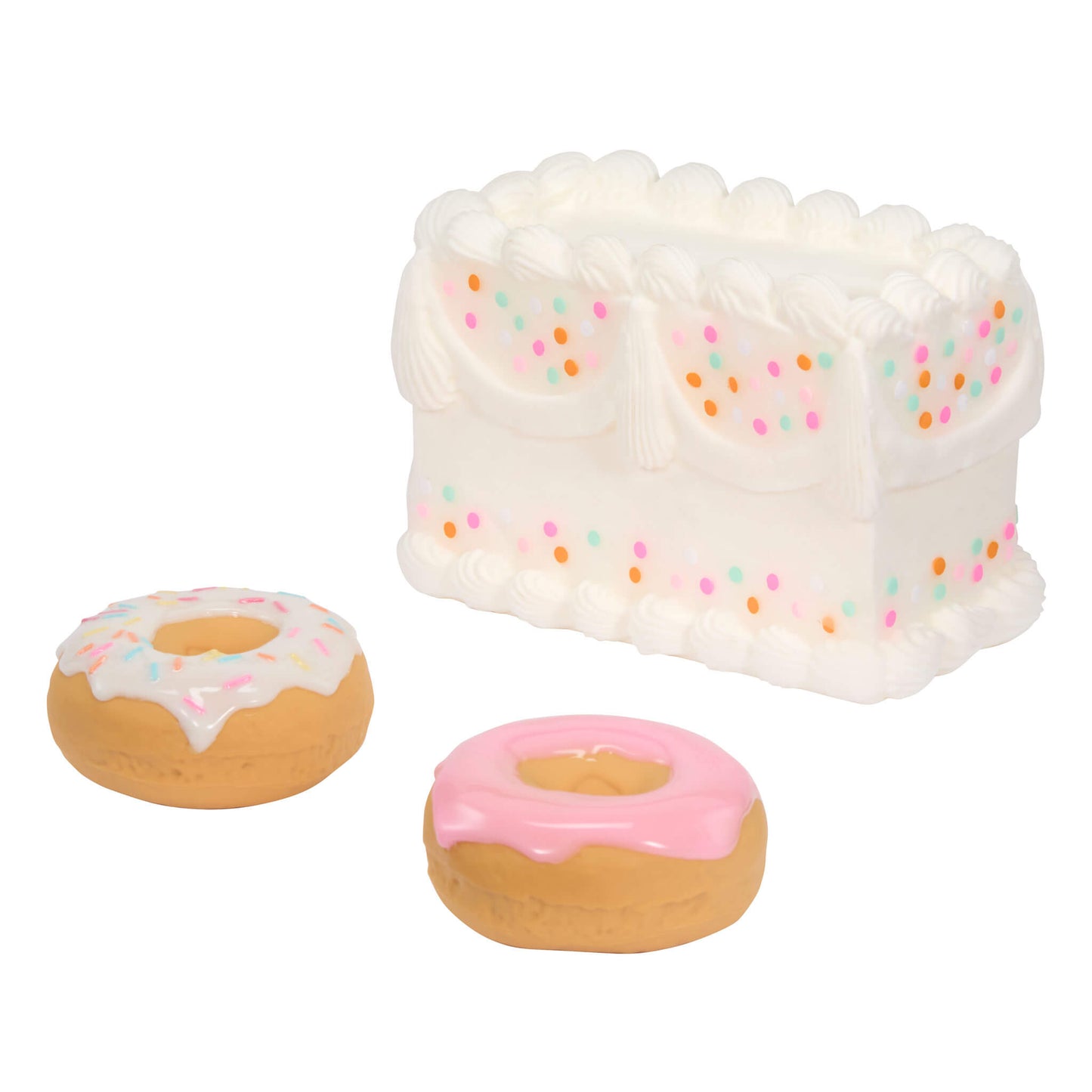 shown on a white background-two small donuts and a white frosting cake