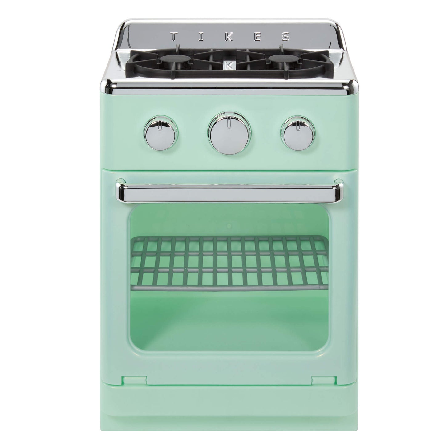 A mint green toy retro-style stove oven with silver knobs and a glass door, shown on a white background